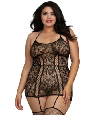 Combinaison grande taille en dentelle et lanières entrecroisées devant et derrière 